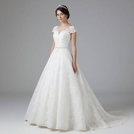 Photograph of a fair-skinned woman with dark hair in an elegant white lace wedding gown with short sleeves, standing against a plain gray background.