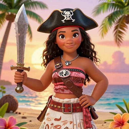 Digital illustration of a young, dark-skinned girl pirate with curly black hair, wearing a black tricorn hat, striped red top, white skirt,