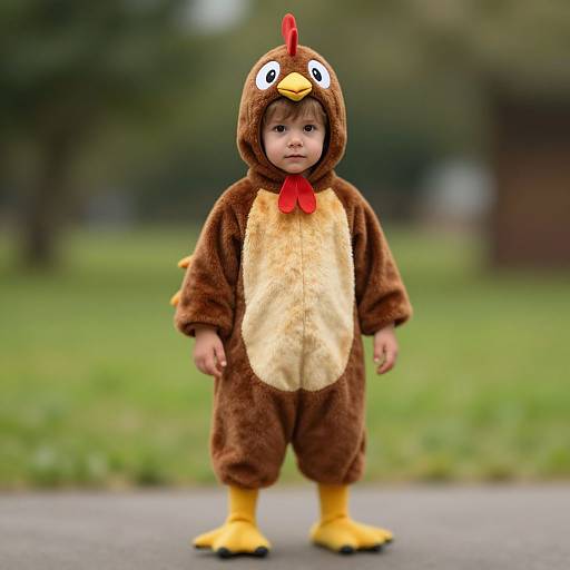 Photograph of a young child in a brown turkey costume with yellow feet and red wattle, standing outdoors on a gray path. Blurred green grass
