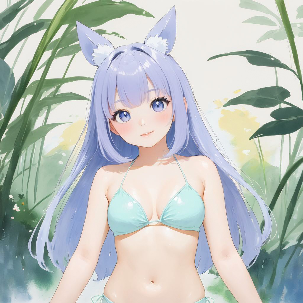 Blushing Cosplayer in Pastel Swimsuit