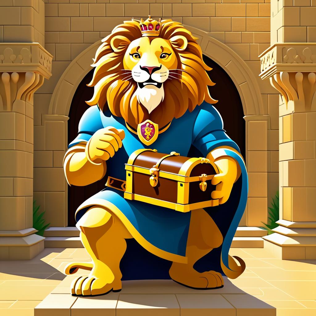 Playful Lion with Treasure in Castle