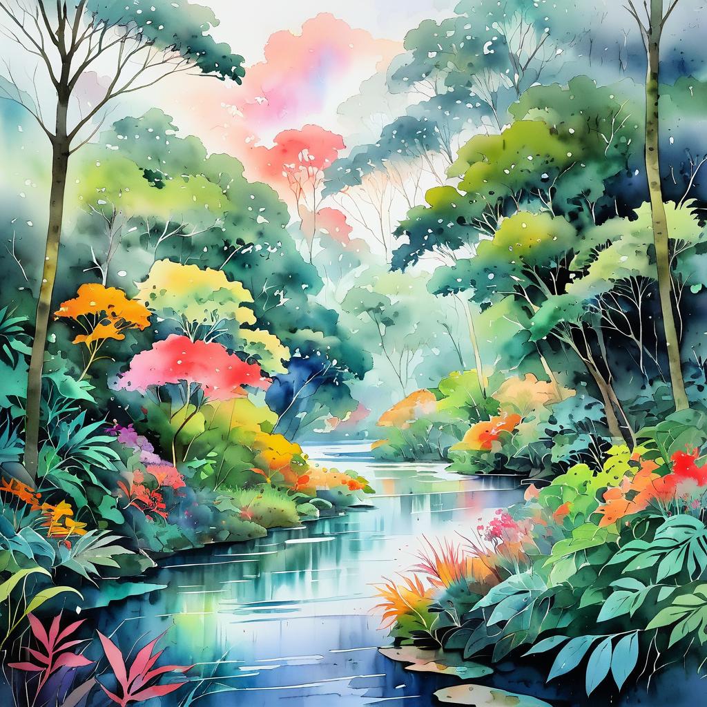 Vibrant Temperate Jungle Watercolor Scene