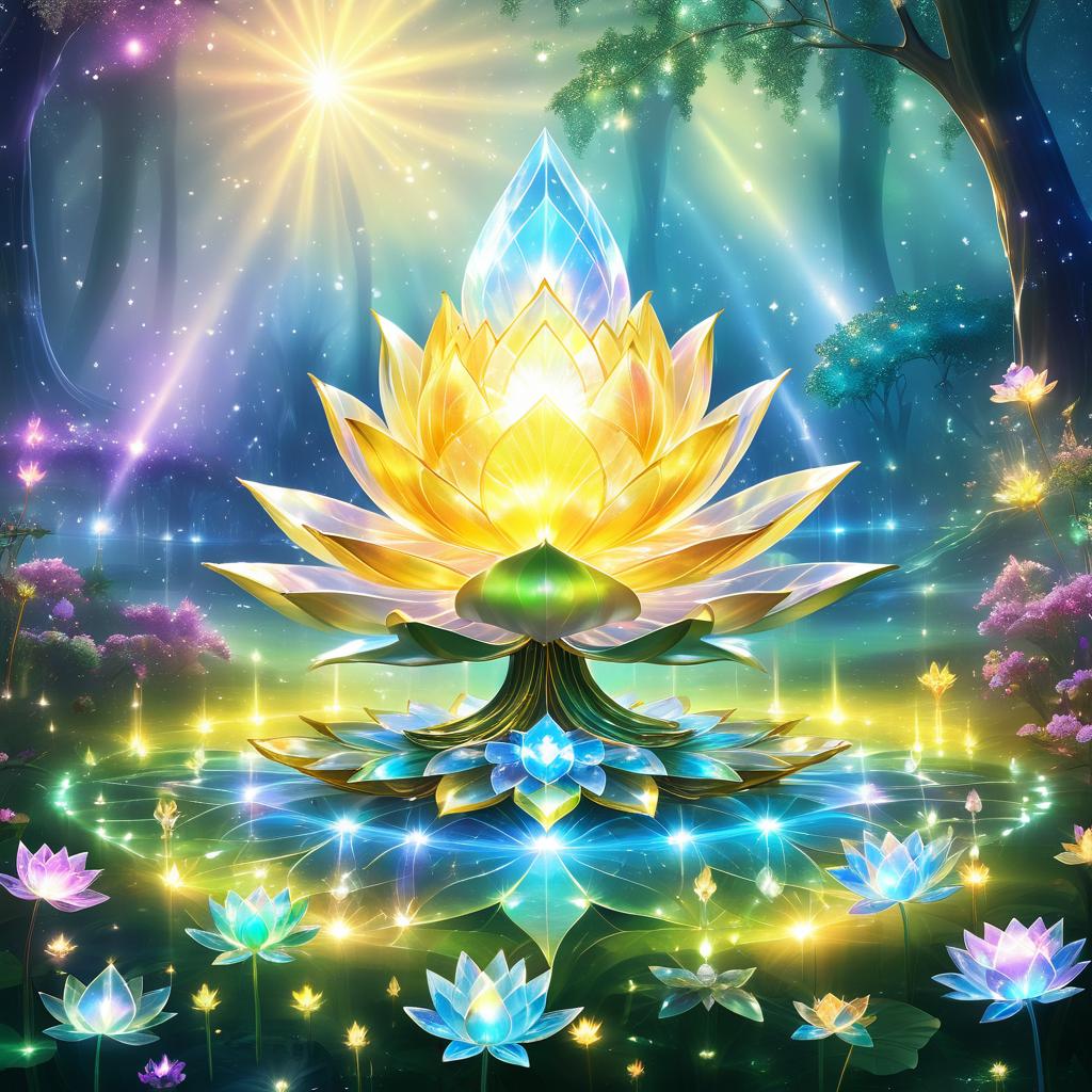 Radiant Crystal Lotus in Glowing Meadow