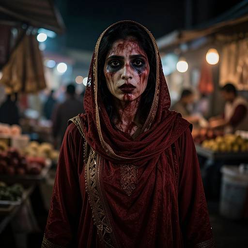 Photograph of a blood-covered woman with dark, smudged makeup, wearing a maroon hooded garment with gold embroidery, standing in a dim