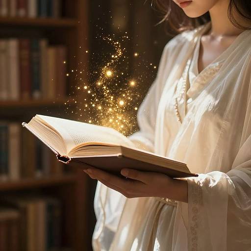 Photograph of a woman in a white, embroidered blouse, reading an open book with sparkling golden magic-like particles surrounding it, set against a blurred library