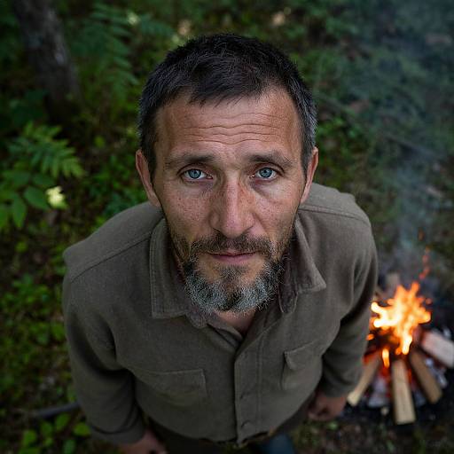 Photograph of a middle-aged man with blue eyes, short gray beard, and brown shirt, gazing up from a forest campsite with a small