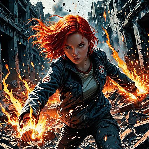 Teenage Girl with Pyrokinetic Powers in Fiery Battlefield