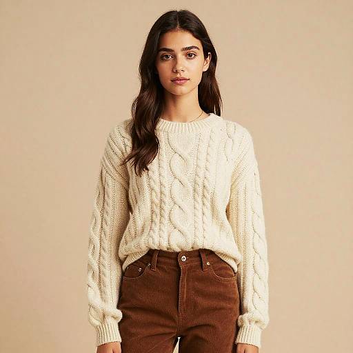 Young Woman in Cream Cable-Knit Sweater and Brown Corduroy Pants