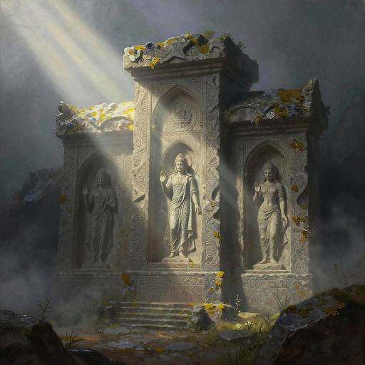 Mythic Lore Carved in Misty Shrine