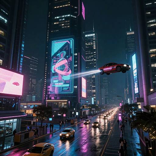 Neon-lit, rainy city street at night; towering skyscrapers with vibrant digital billboards, flying helicopter, busy traffic, reflections on wet