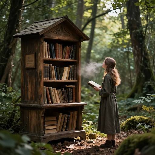 Photograph of a young woman with long brown hair, wearing a green dress, standing in a sunlit forest, reading from a wooden bookshelf emitting