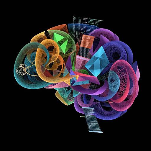 Abstract digital art: colorful, intertwined geometric shapes and loops in orange, green, blue, purple, and pink on a black background.