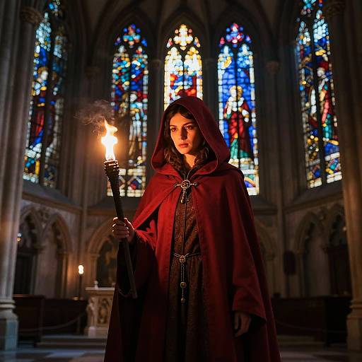 Hooded Figure in Gothic Cathedral