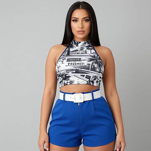 Photograph of a young woman with long black hair, wearing a black-and-white patterned halter top and blue high-waisted shorts with a