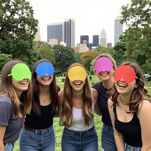 Photograph of four smiling young women with colorful sunglasses, wearing black tops and jeans, standing in a park with city skyline background.