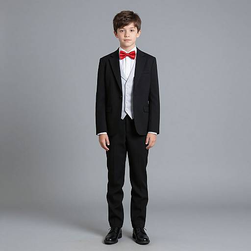 Photograph of a young boy with short brown hair, wearing a black tuxedo, white shirt, and red bow tie, standing against a plain
