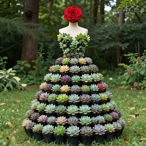 Photograph of a mannequin in a strapless, floral-leaf dress with a large red rose headpiece, surrounded by multicolored succ