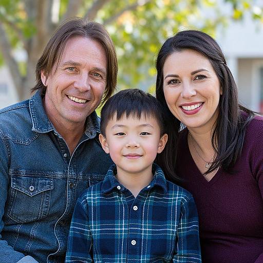 Photograph of a smiling family: middle-aged man with brown hair in denim shirt, dark-haired woman in maroon top, and young boy in pl