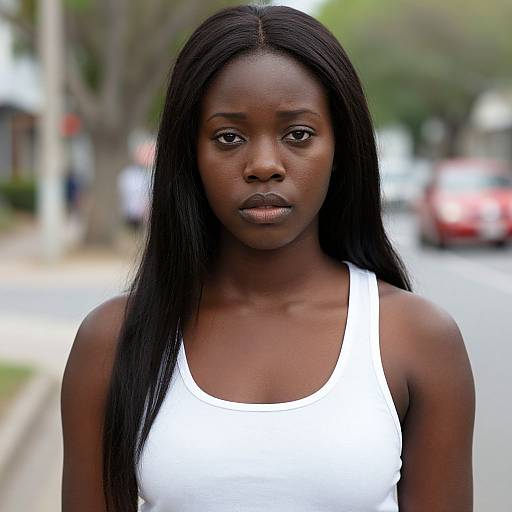Photograph of a serious, dark-skinned woman with long black hair, wearing a white tank top, standing on a blurred city street.