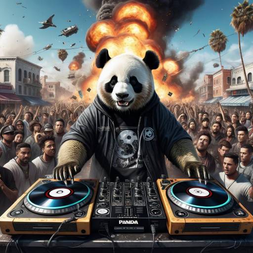 Panda DJ Performing in Exploding Urban Street Scene
