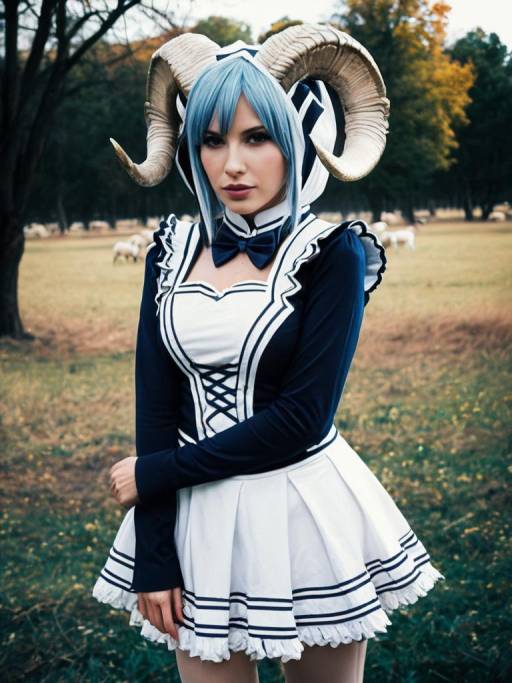 Woman in Ram Cosplay Costume Outdoors