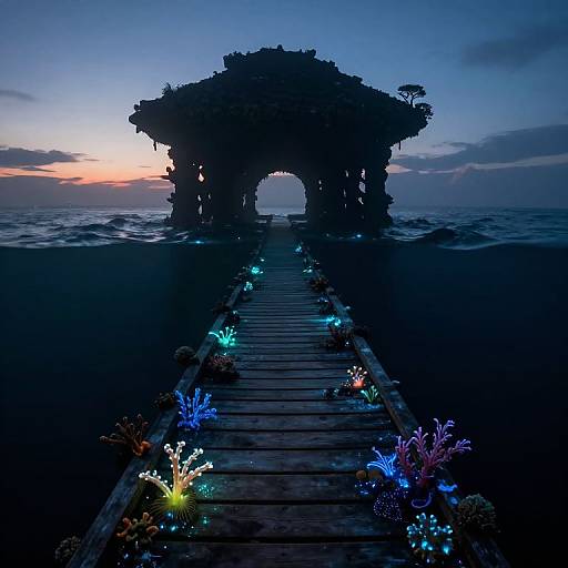 Photograph of a wooden pier leading to a silhouetted stone gazebo at twilight, surrounded by glowing coral and illuminated ocean.