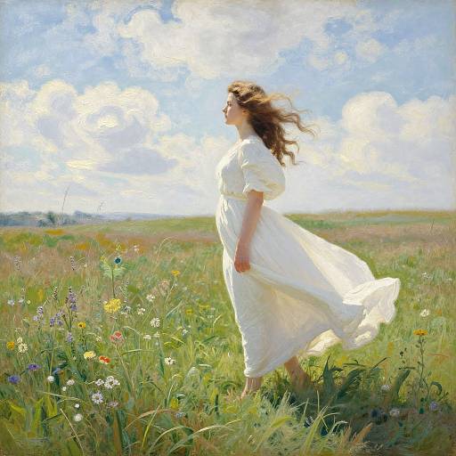 Photograph-style digital painting of a woman in a flowing white dress, standing in a sunlit meadow of wildflowers, with blue sky and fluffy