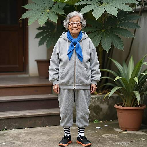 Elderly Asian Woman in Casual Grey Outfit