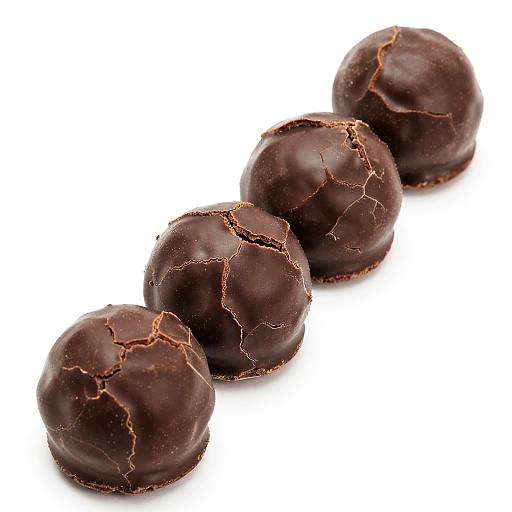 Photograph of five cracked, dark chocolate truffles arranged in a diagonal line on a white background. The truffles have a glossy, rich, dark