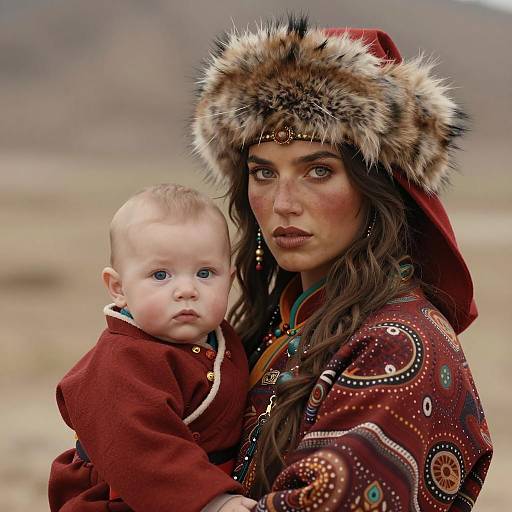 Woman in Fur-Trimmed Headpiece Holding Baby