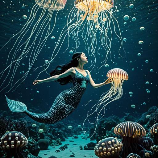 Surreal Mermaid Swimming with Jellyfish