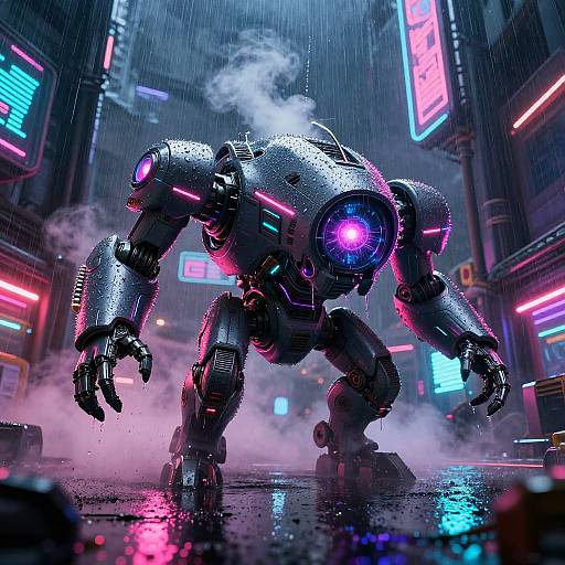 Cyberpunk robot in neon-lit, rainy city street, glowing pink and blue eyes, steam rising, wet metallic body, vibrant digital signs,