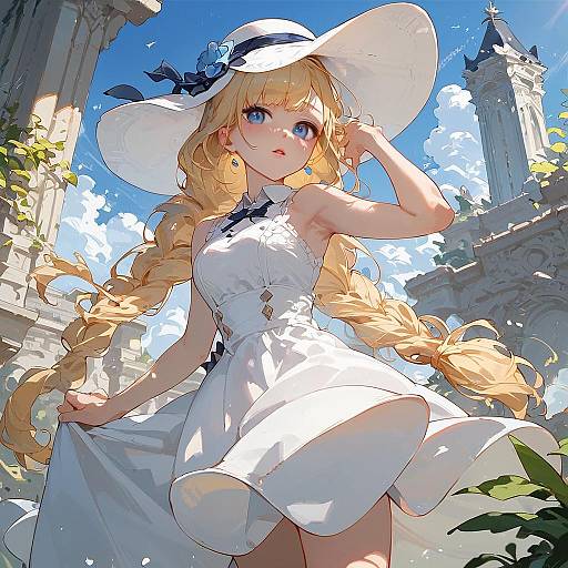 Blonde Twin-Braided Girl in White Sundress