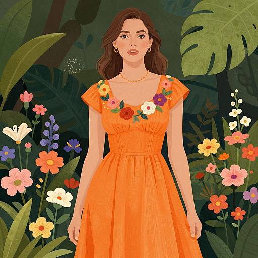Digital illustration of a woman with wavy brown hair in an orange floral dress, standing in a lush, colorful garden with vibrant flowers and large green leaves