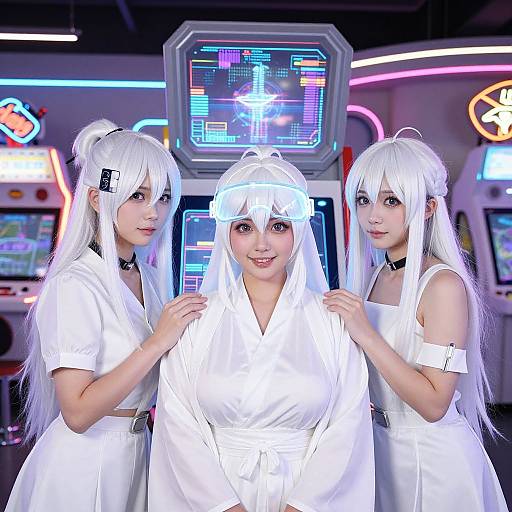 Photograph of three women with long white hair, wearing white cosplay outfits, standing in a neon-lit arcade, centered around a pixelated arcade game