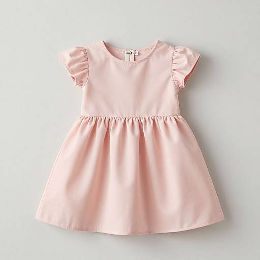 Photograph of a pink satin children's dress with short sleeves and a gathered waist, displayed against a plain white background.