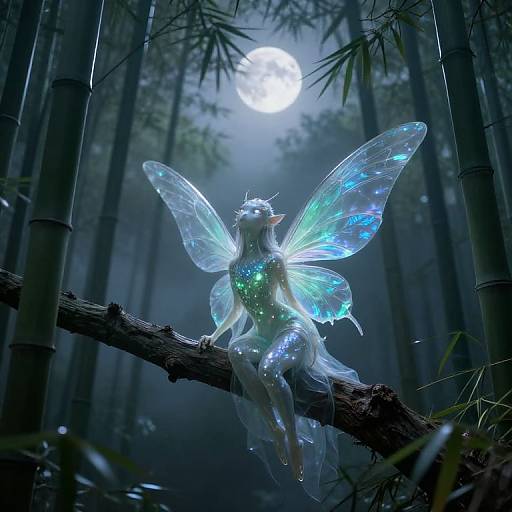 Fairy with glowing blue wings and green torso, sitting on a bamboo branch in a moonlit forest, surrounded by tall trees. Digital art.
