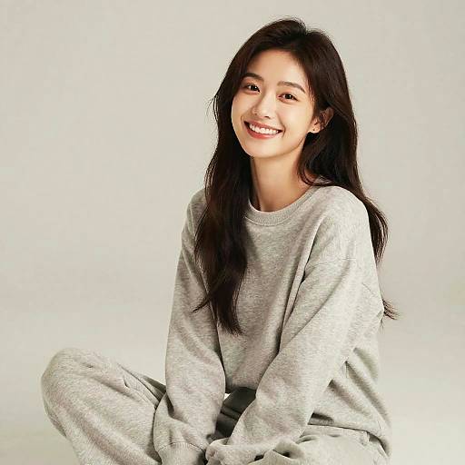 Photograph of a smiling young Asian woman with long black hair, wearing a light gray sweatshirt and pants, seated against a plain white background.