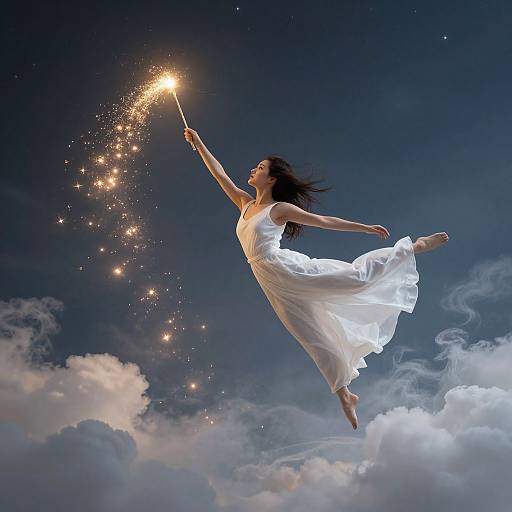 Photograph of a woman with long black hair, wearing a flowing white dress, floating in the sky, holding a sparkling wand, surrounded by twinkling