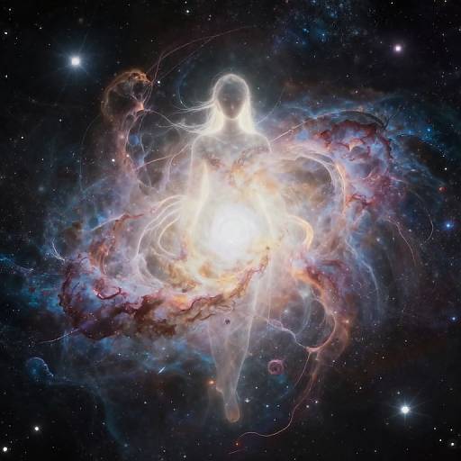 Photograph of a glowing, ethereal white figure surrounded by vibrant nebulae in space, with colorful gas clouds and stars in the background. Cosmic