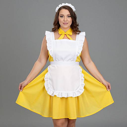 Photograph of a smiling woman with brown hair, wearing a yellow and white maid dress, white headband, yellow bow, and holding out her skirt