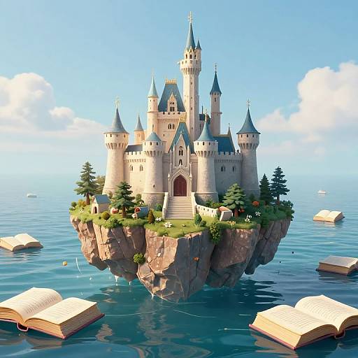 Digital illustration of a floating, fairy-tale castle with multiple turrets and towers, surrounded by floating open books on a serene blue ocean under a clear