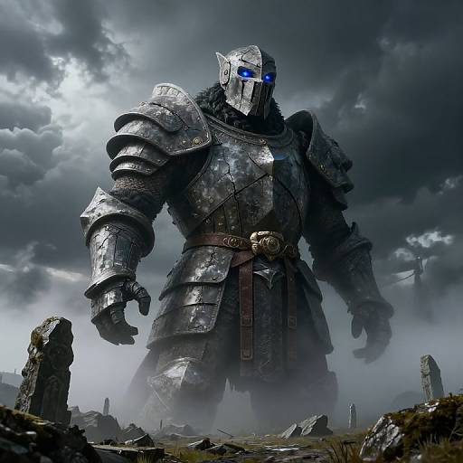 Digital art of a towering, armored knight with glowing blue eyes, standing in a ruined landscape under stormy skies.