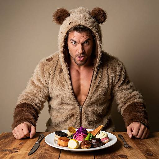 Photograph of a muscular man with a furry bear hoodie, staring intensely at a colorful dessert plate, sitting at a wooden table.