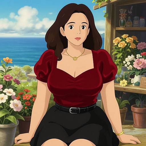 Digital anime-style drawing of a fair-skinned woman with dark brown hair, wearing a red blouse and black skirt, seated in a flower-filled garden with