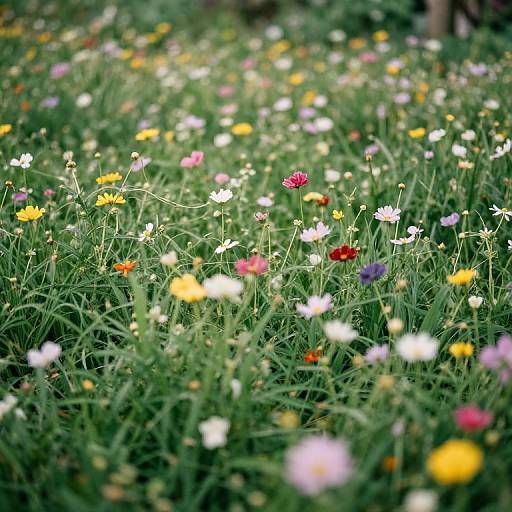 Photograph of a vibrant meadow filled with a colorful array of small wildflowers, including yellow, white, pink, red, and purple blooms,