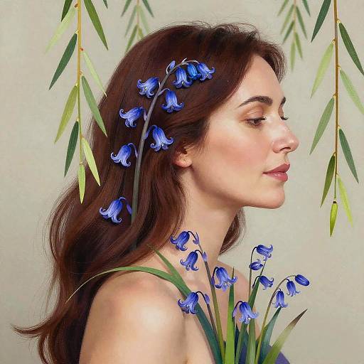 Photograph of a fair-skinned woman with long brown hair adorned with blue bells, serene expression, surrounded by hanging green leaves and blue bells, soft