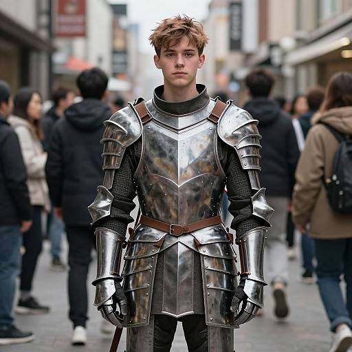 Photorealistic CGI: Young man with tousled brown hair, wearing shiny silver medieval armor, stands in a bustling city street, surrounded by blurred pedestrians