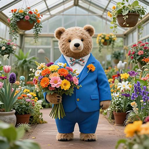 Whimsical Bear in Vibrant Greenhouse