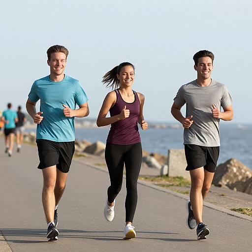 Photograph of three smiling runners, two men in blue and gray shirts, one woman in purple tank top, black pants, jogging on a coastal path